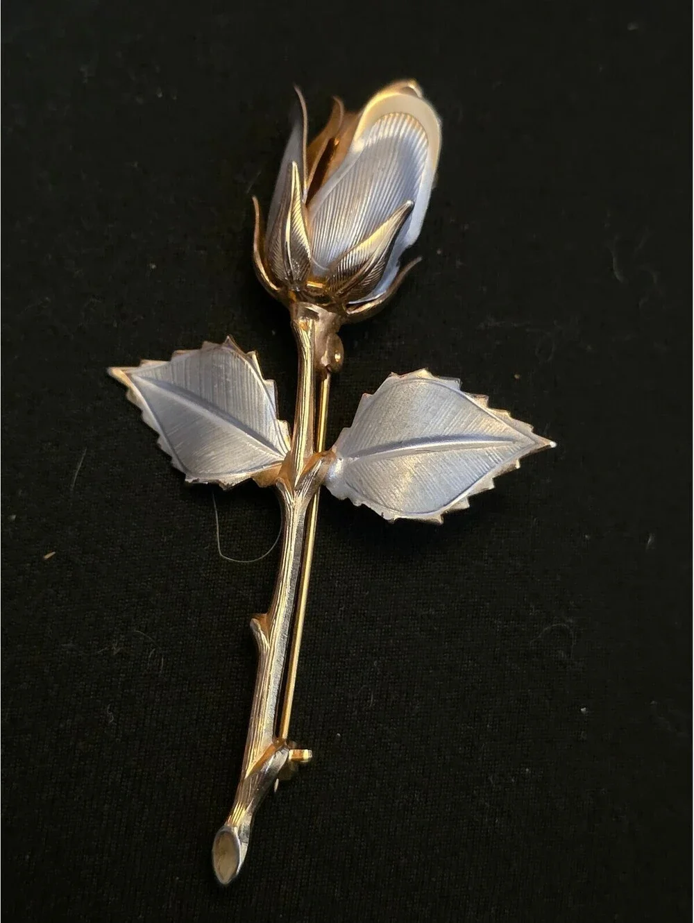 Vintage Two-Tone Gold & Silver Brushed Metal Rose Bud Pin Brooch